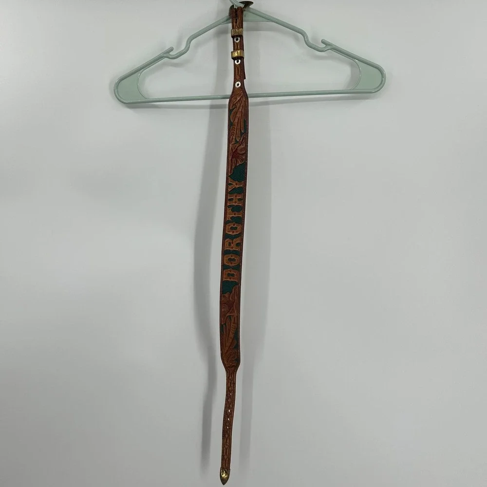 Vintage Custom Tooled Leather Dorothy Belt Western Floral Brown Green Brass 30